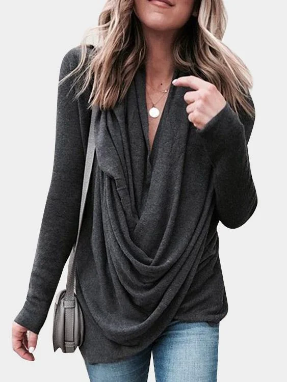 OEM ODM Deep V Neck Plain Pleated Long Sleeve Slit Hem Grey T-Shirts