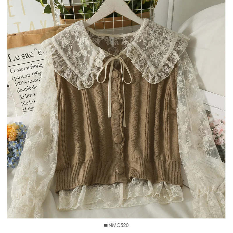 Lace bottomed shirt with vertical stripe knit vest  1714