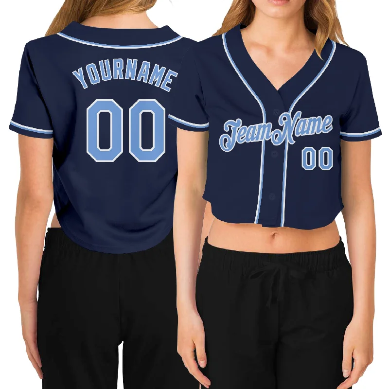 Custom Women's Navy Light Blue-White V-Neck Cropped Baseball Jersey