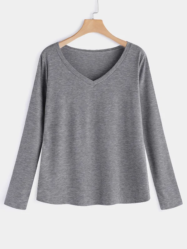 OEM ODM Deep V Neck Plain Long Sleeve Grey T-Shirts